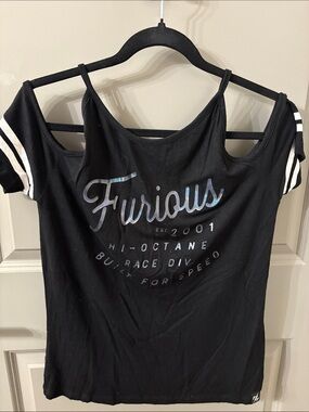 Fast & Furious by Affliction Vintage Black Cold-Shoulder Graphic Tee